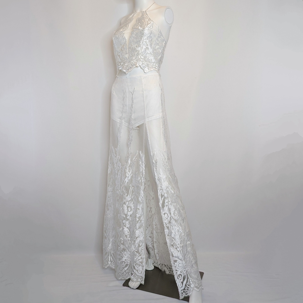 Blithe White Lace Mesh Halter Top Maxi Skirt Set Size S
